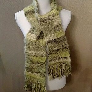 New Hand Crafted Knit Scarf Wrap In Multi Greens With Fringe Detail Soft Cozy OS